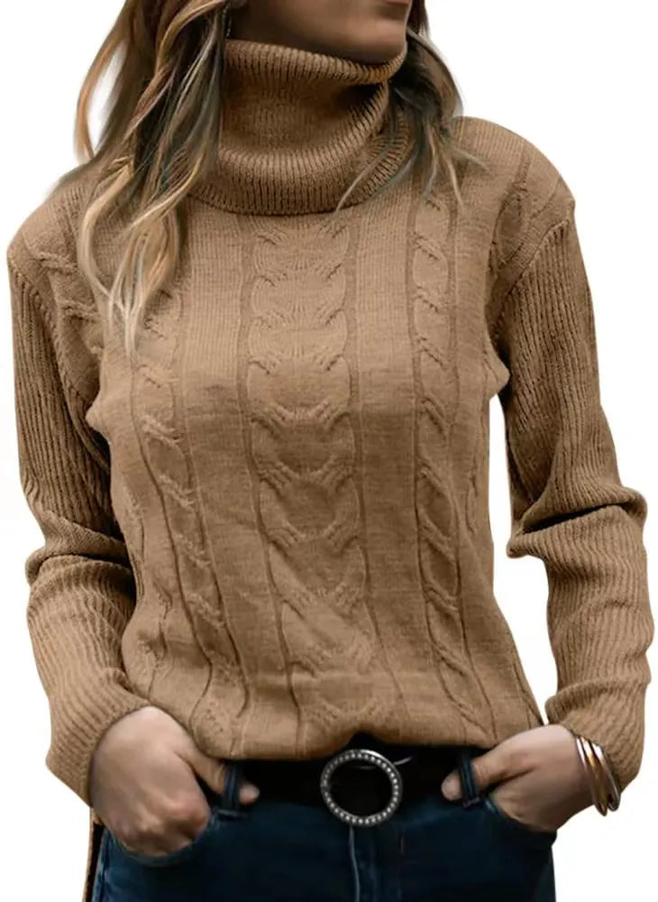 Thick Cable Knit Turtleneck Sweater, Classic Warm Long Sleeve Winter Jumper