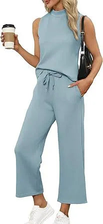 Sleeveless Mock Neck Top & Wide Leg Pants Casual Two-Piece Set