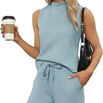 Sleeveless Mock Neck Top & Wide Leg Pants Casual Two-Piece Set