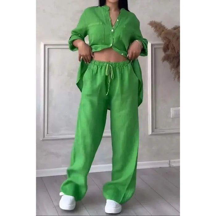 Green Linen-Blend Button-Down Shirt & Wide-Leg Pants Set