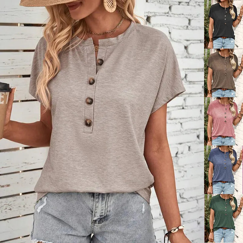 Solid Color Half Placket Round Neck Batwing Sleeve T-Shirt