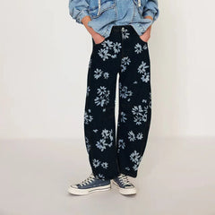 Heart Print Loose Wide Leg Casual Denim Pants