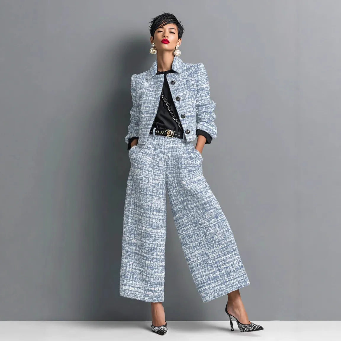 Tweed Cropped Blazer & Wide Leg Pants Two Piece Set