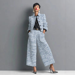 Tweed Cropped Blazer & Wide Leg Pants Two Piece Set