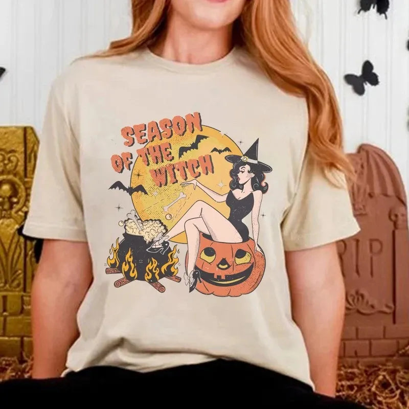 Halloween Season Of The Witch Print Crew Neck Short Sleeve T‑Shirt