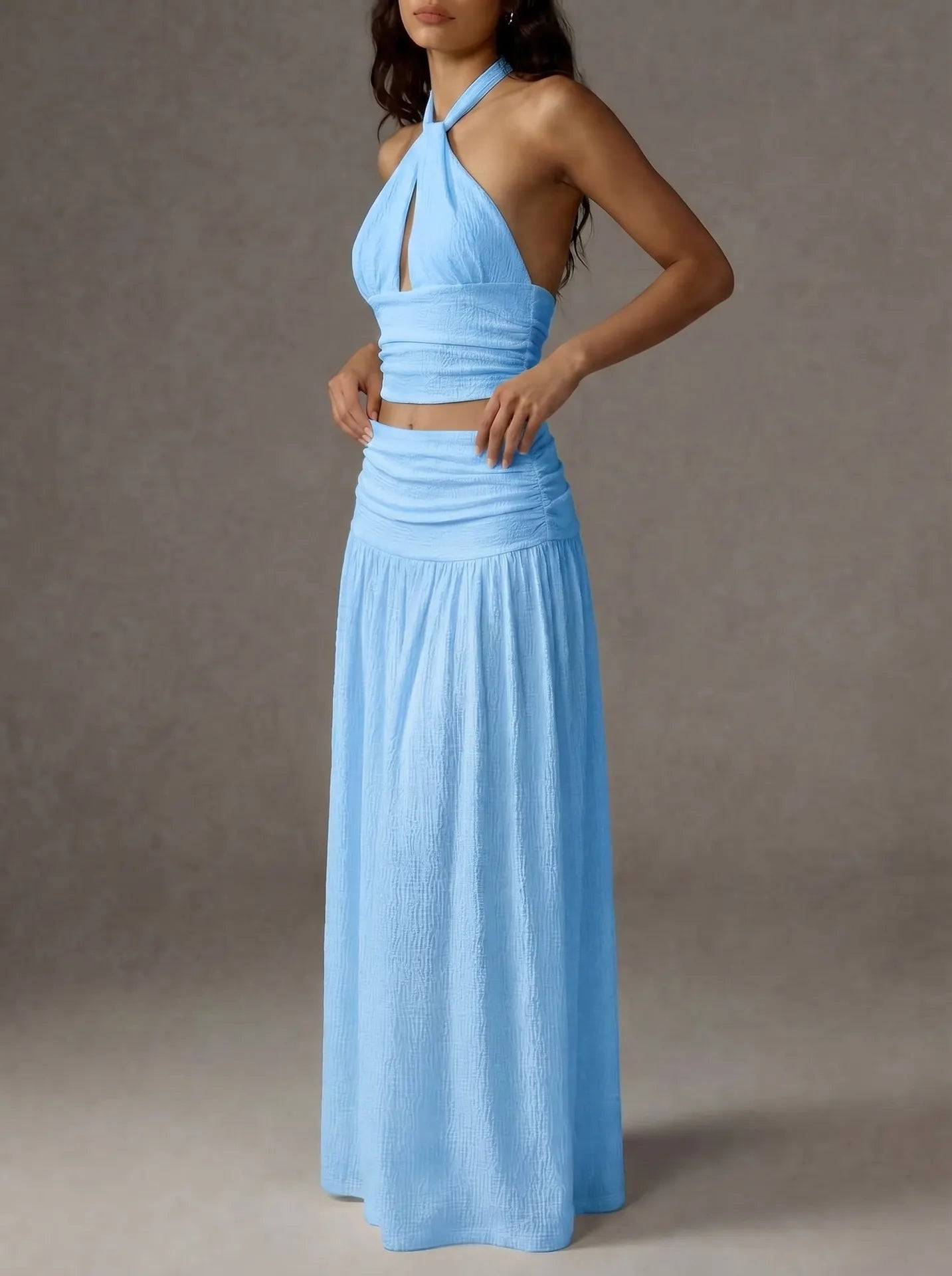 Halter Cutout Crop Top Maxi Skirt 2 Piece Outfit Textured Crinkle Matching Set