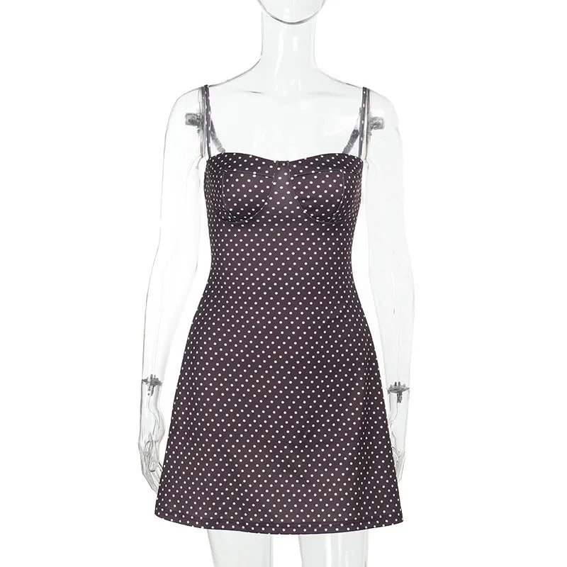 Brown Satin Spaghetti Strap Polka Dot Bodycon Mini Dress