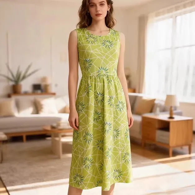 Sleeveless Floral Print Round Neck Midi Dress