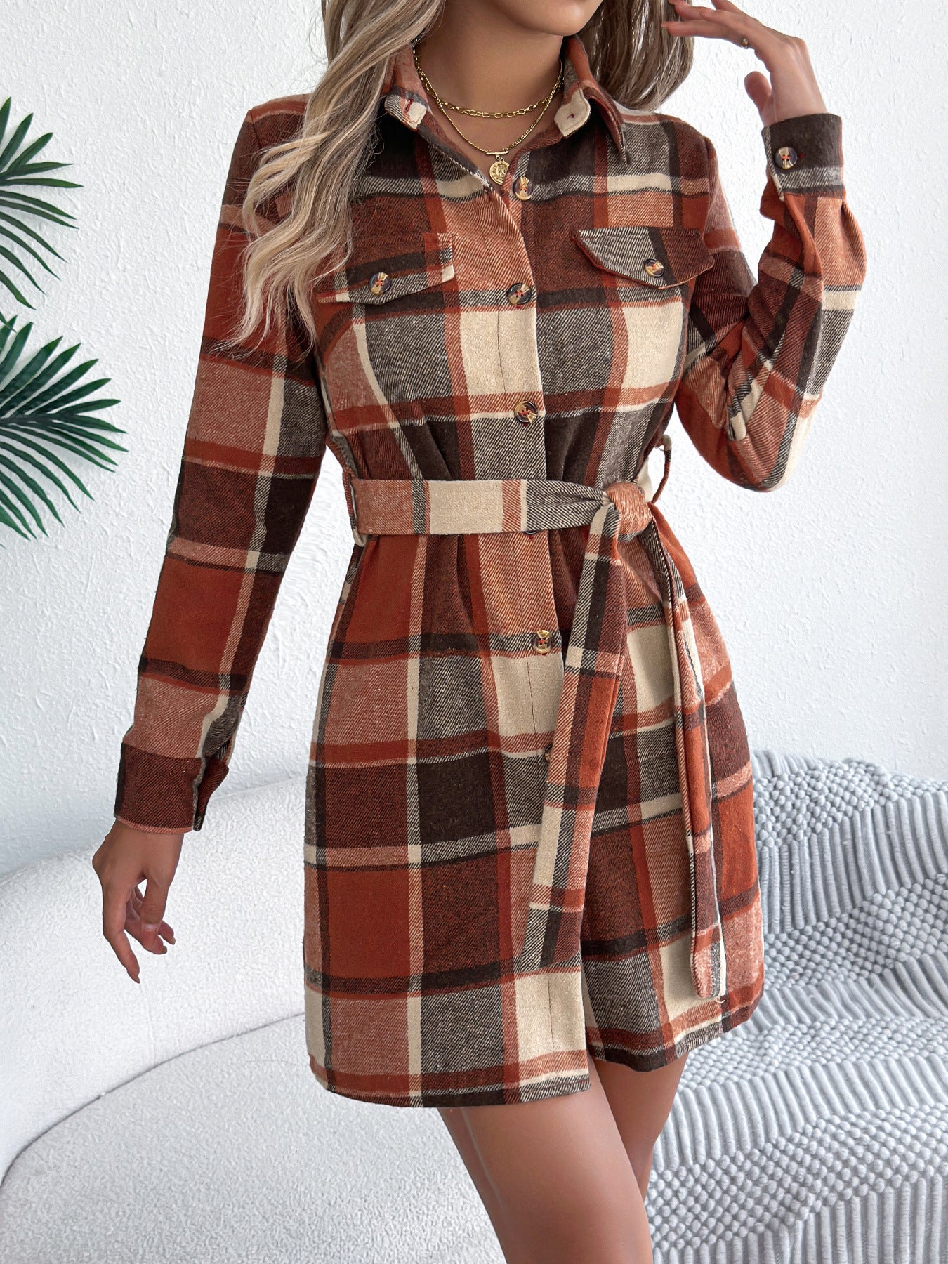 Lapel Plaid Belted Shirt Dress
