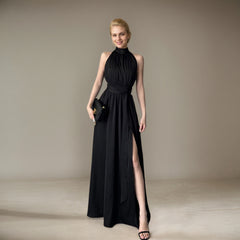Mock Neck Halter Maxi Dress, Sleeveless High Slit Formal Bridesmaid Gown