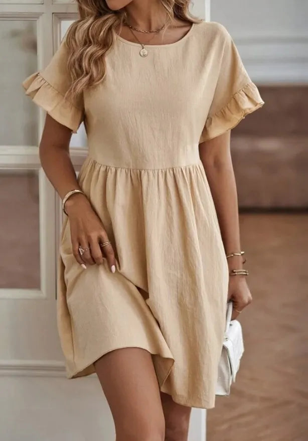 Crew Neck Ruffle Short Sleeve Mid Waist Loose A-Line Cotton Linen Mini Dress