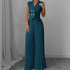 2 Piece Set Blazer Vest & Pleated Wide Leg Pants Outfit