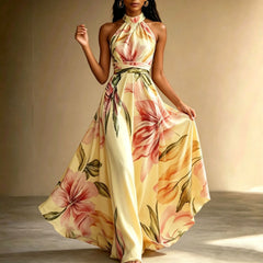 Floral Print Halter Neck High Waist Flowy Maxi Dress