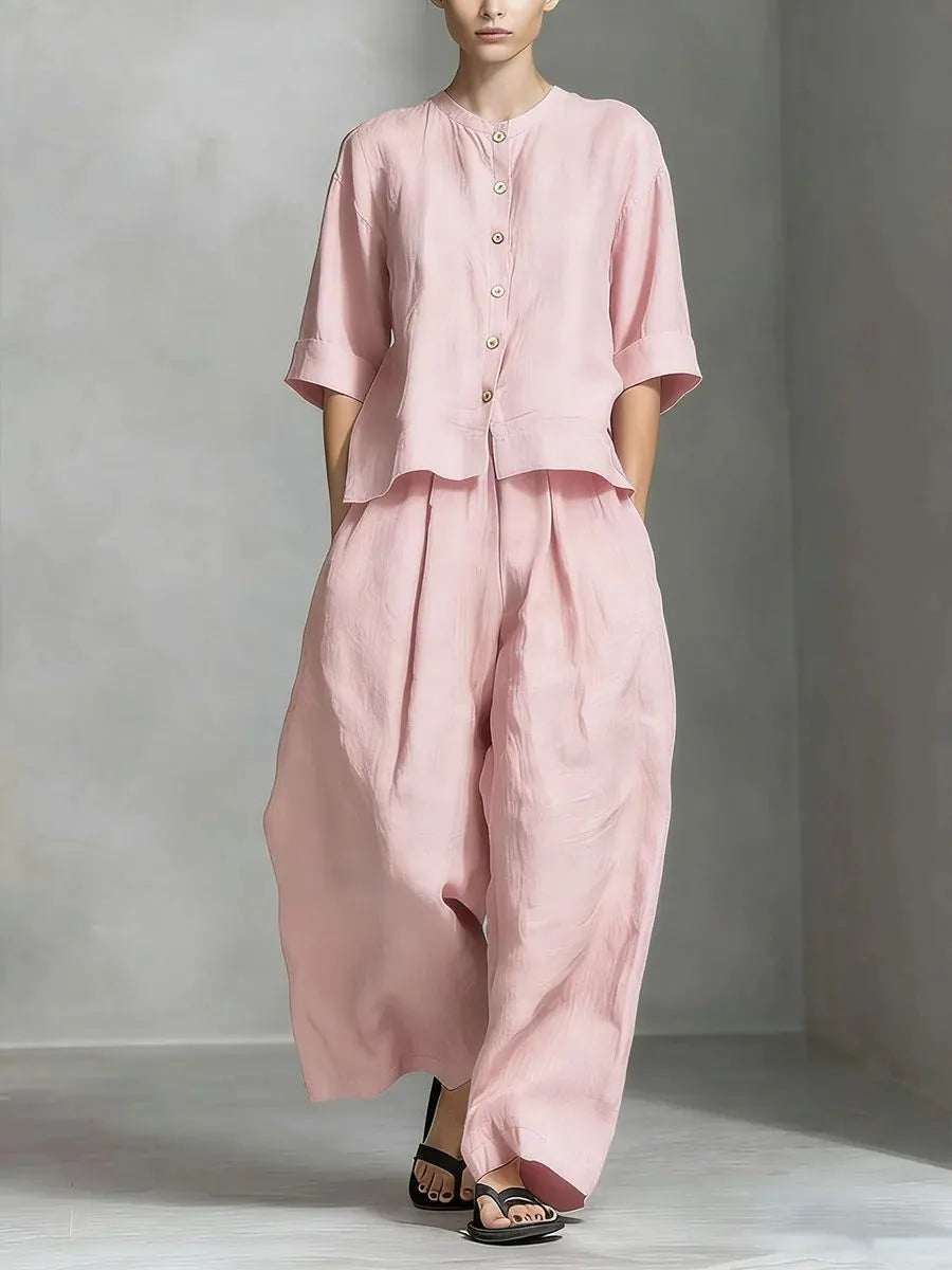 Linen Blend Two-Piece Set, Button-Down Top and Wide Leg Pants