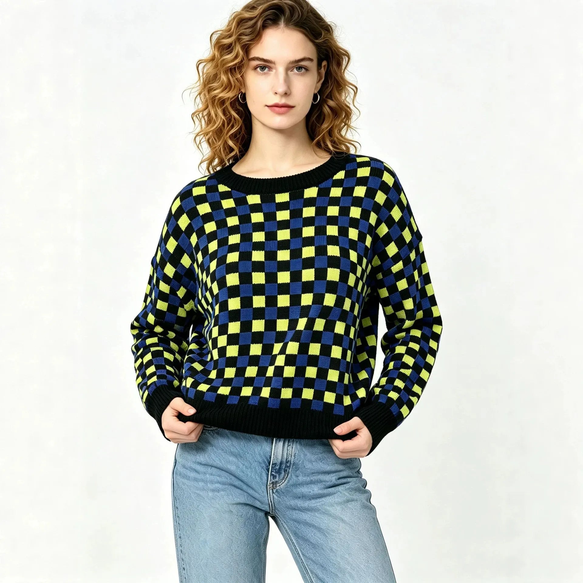 Color Block Checkerboard Jacquard Round Neck Pullover Sweater