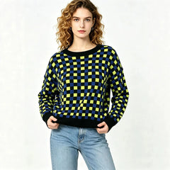 Color Block Checkerboard Jacquard Round Neck Pullover Sweater