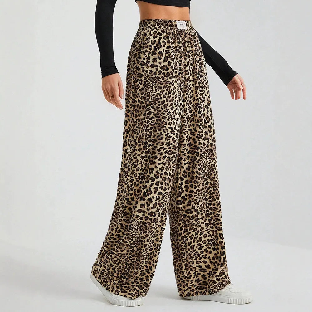 High Waist Leopard Print Straight Wide Leg Pants