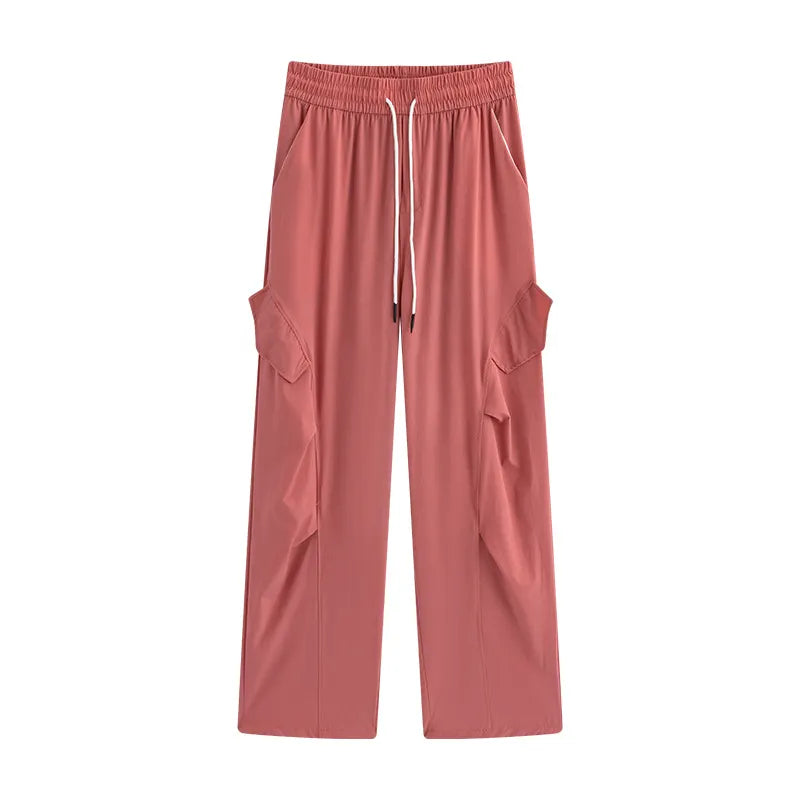 High Waist Drawstring Cargo Straight Casual Pants