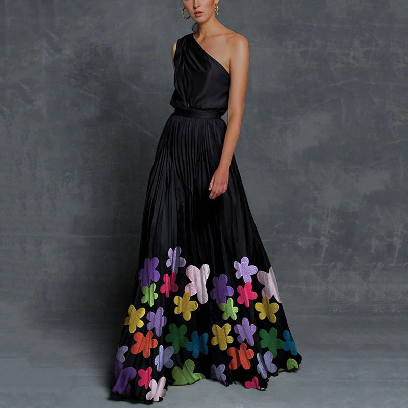 One Shoulder Color Block Printed Maxi Dress