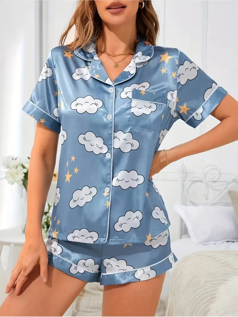 Ladies Plus Size Friendly Satin Pajama Set Cute Panda Heart Pattern Short Sleeve Top & Elastic Shorts Nightwear