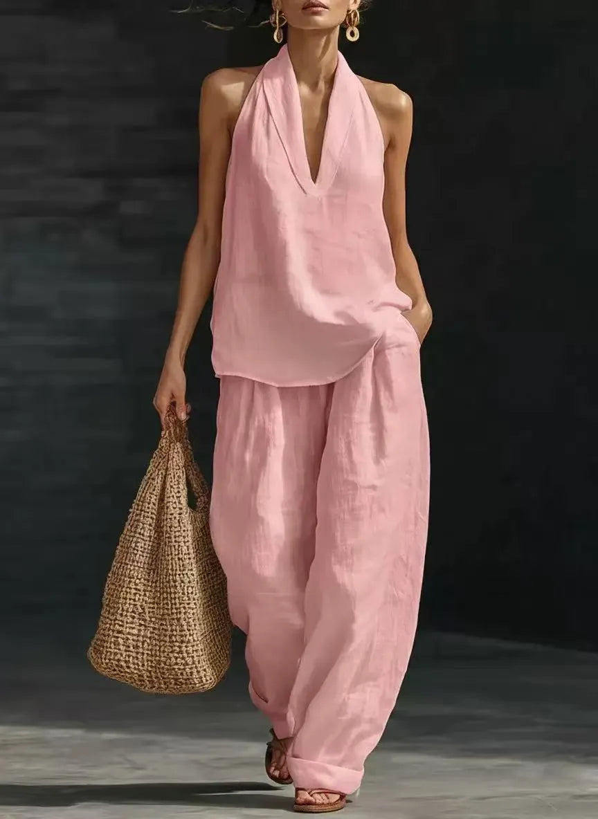 Sleeveless Loose Tunic Top Cuffed Wide Leg Pocket Pants