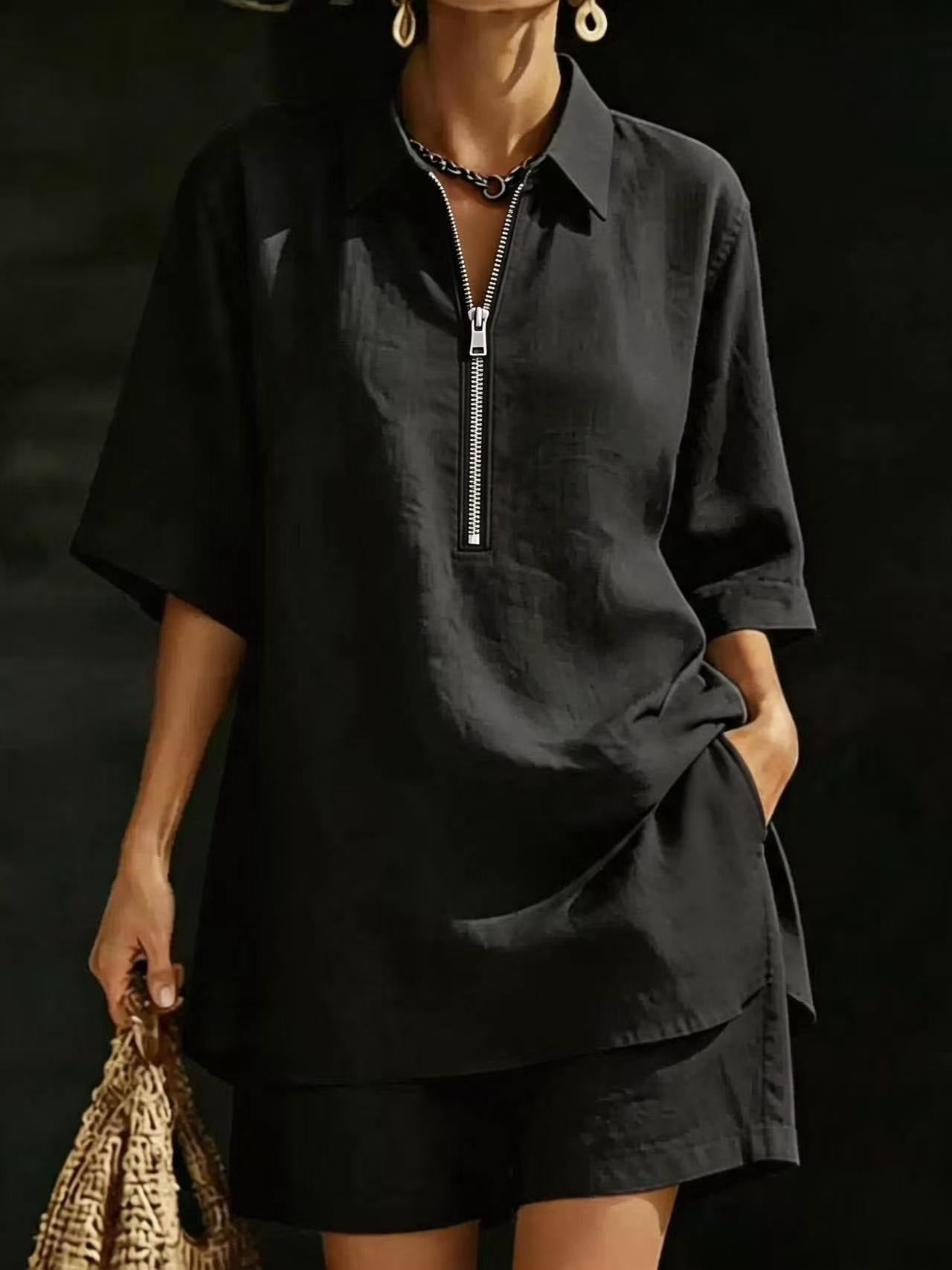 White Half-Zip Shirt & Shorts Linen Set