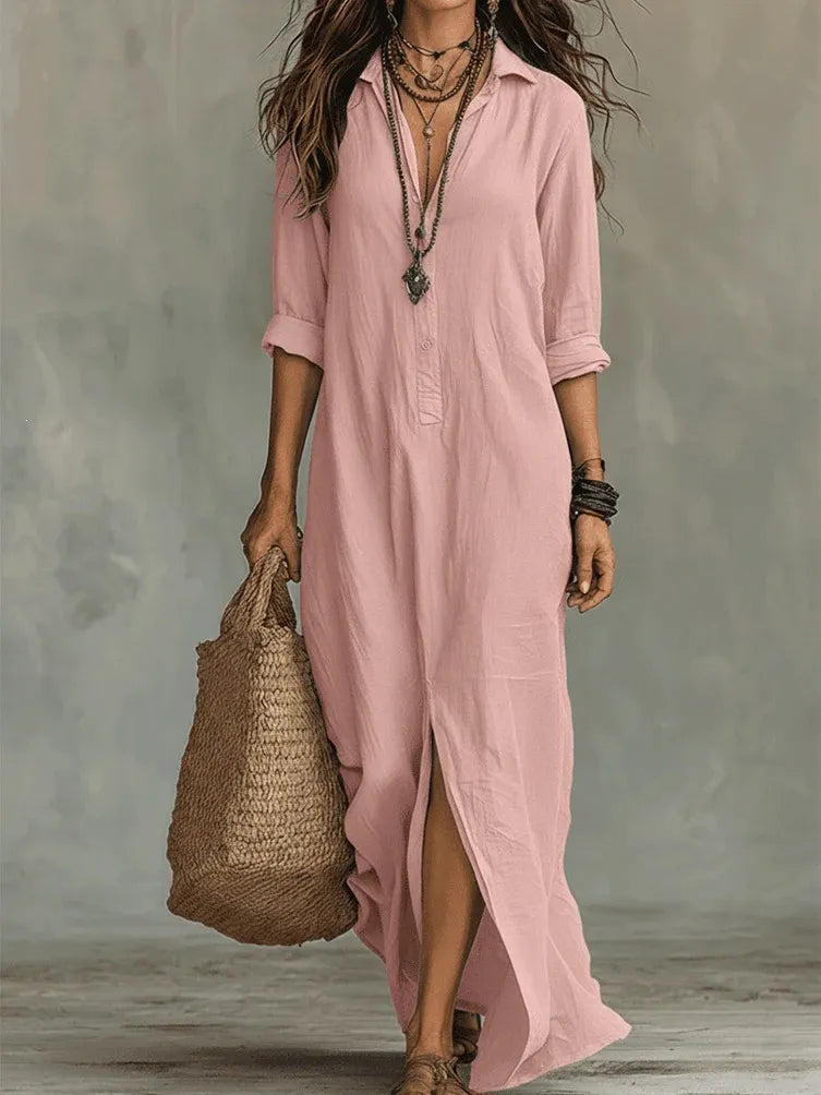 Collared Split Linen Maxi Dress