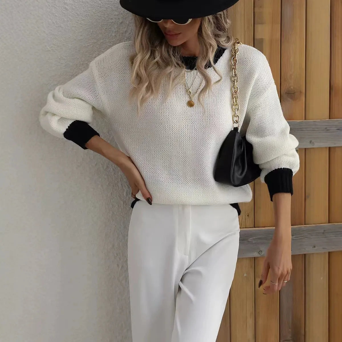 Crew Neck Contrast Color Knit Pullover Sweater