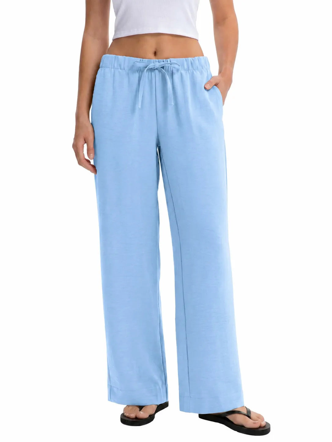 Drawstring Elastic Waist Wide Leg Casual Long Pants Solid Color Loose Trousers