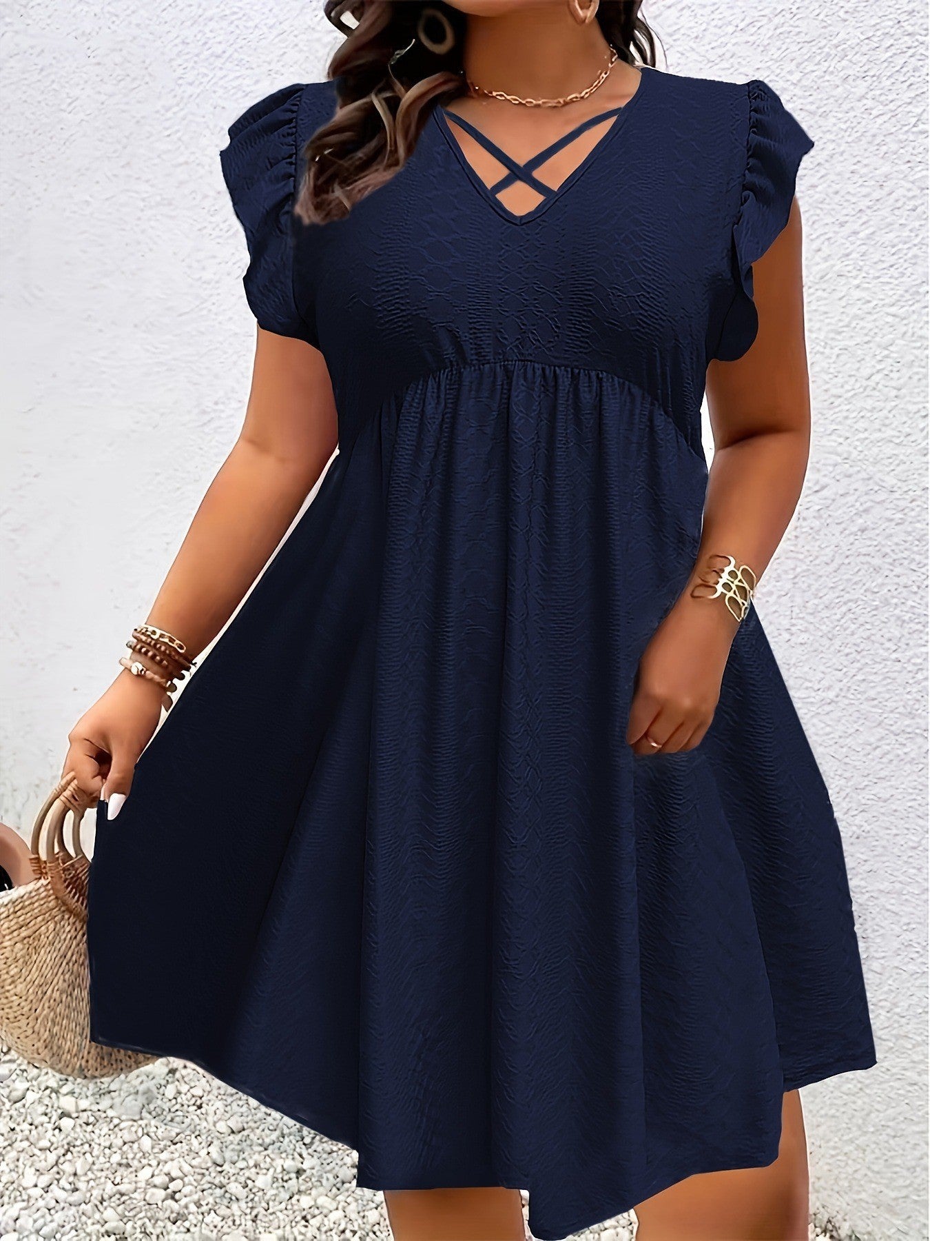 Burgundy V-Neck Ruffle-Sleeve A-Line Midi Dress