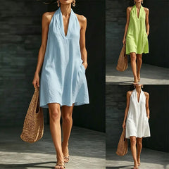 Halter V-Neck Sleeveless Loose A-Line Midi Dress