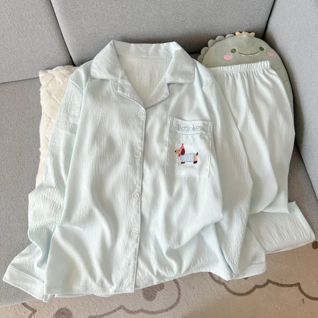 Light Blue Leopard Shirt & Pants 2 Piece Pajamas with Pocket Embroidery