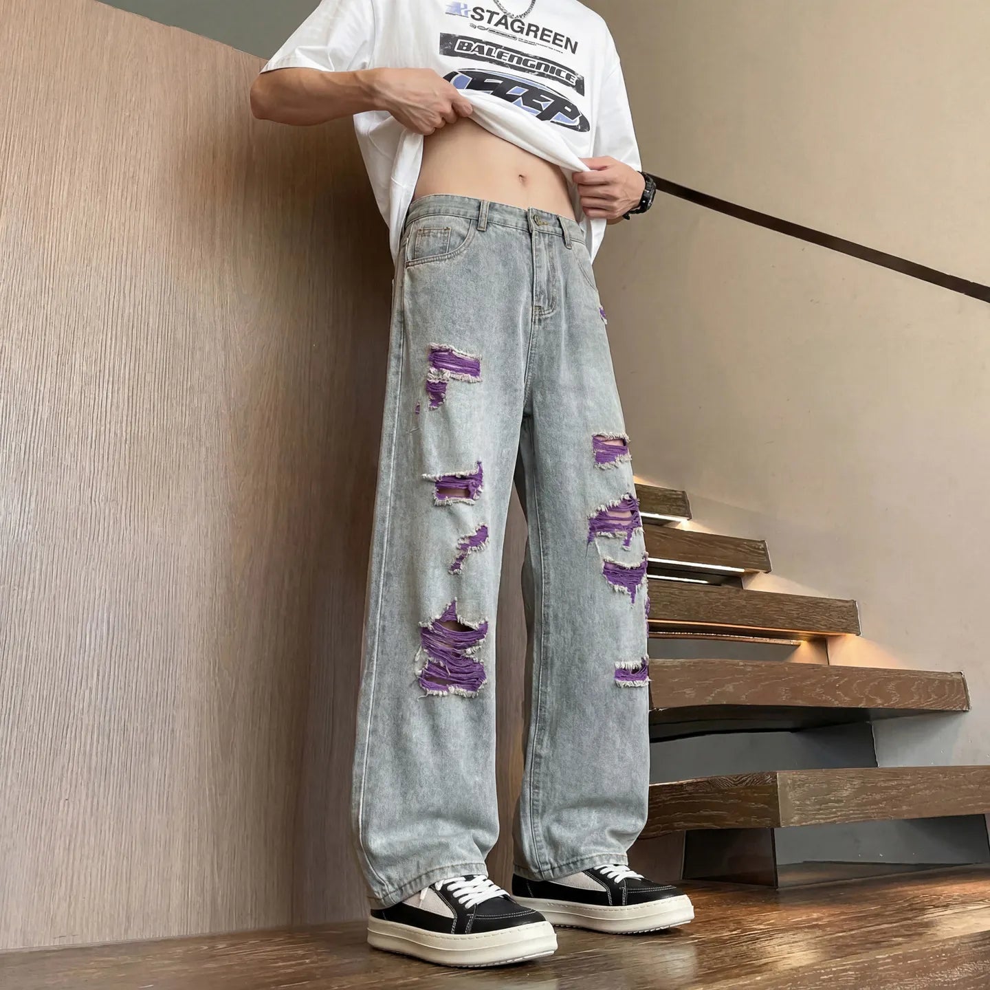 Men Mid Waist Contrast Ripped Wide Leg Jeans