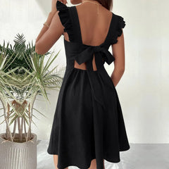 Solid Square Neck Ruffle Strap Flare Mini Dress