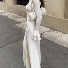 White Lace-Trimmed Flare Sleeve Ruched Maxi Dress