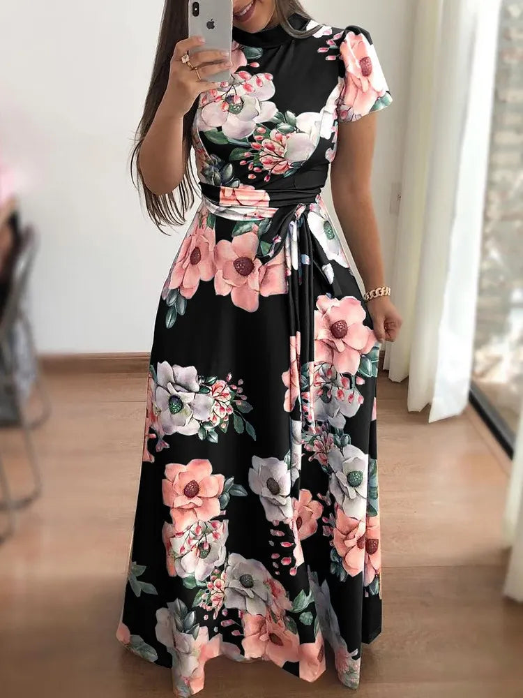 Satin Floral Print High Neck Short Sleeve Maxi Dress