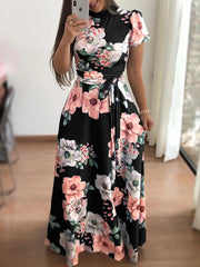 Satin Floral Print High Neck Short Sleeve Maxi Dress