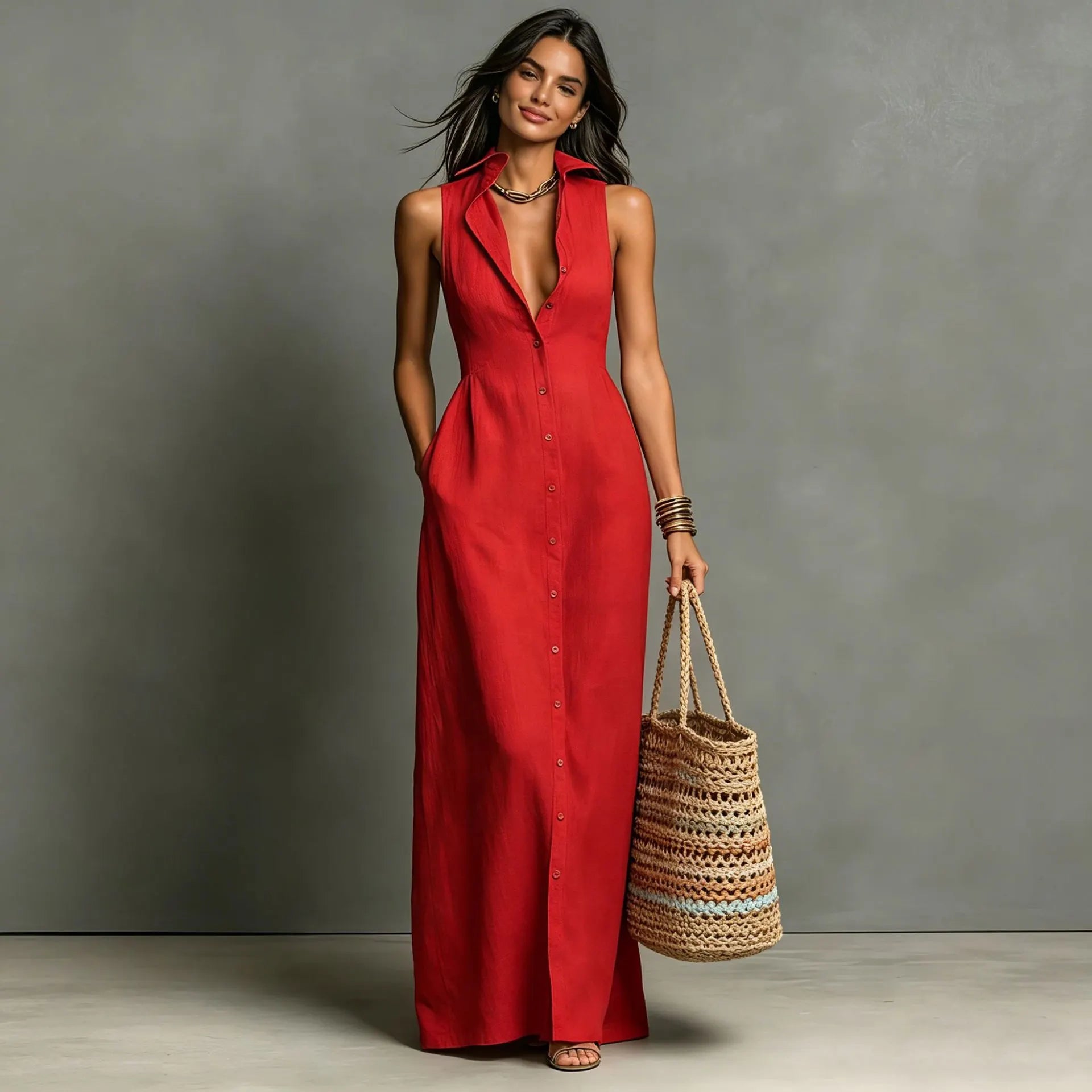 Sleeveless Collared Linen Shirt Maxi Dress