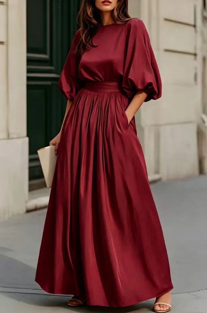 Cream Puff Short Sleeve High Waist Flowy Maxi Dress with Pockets