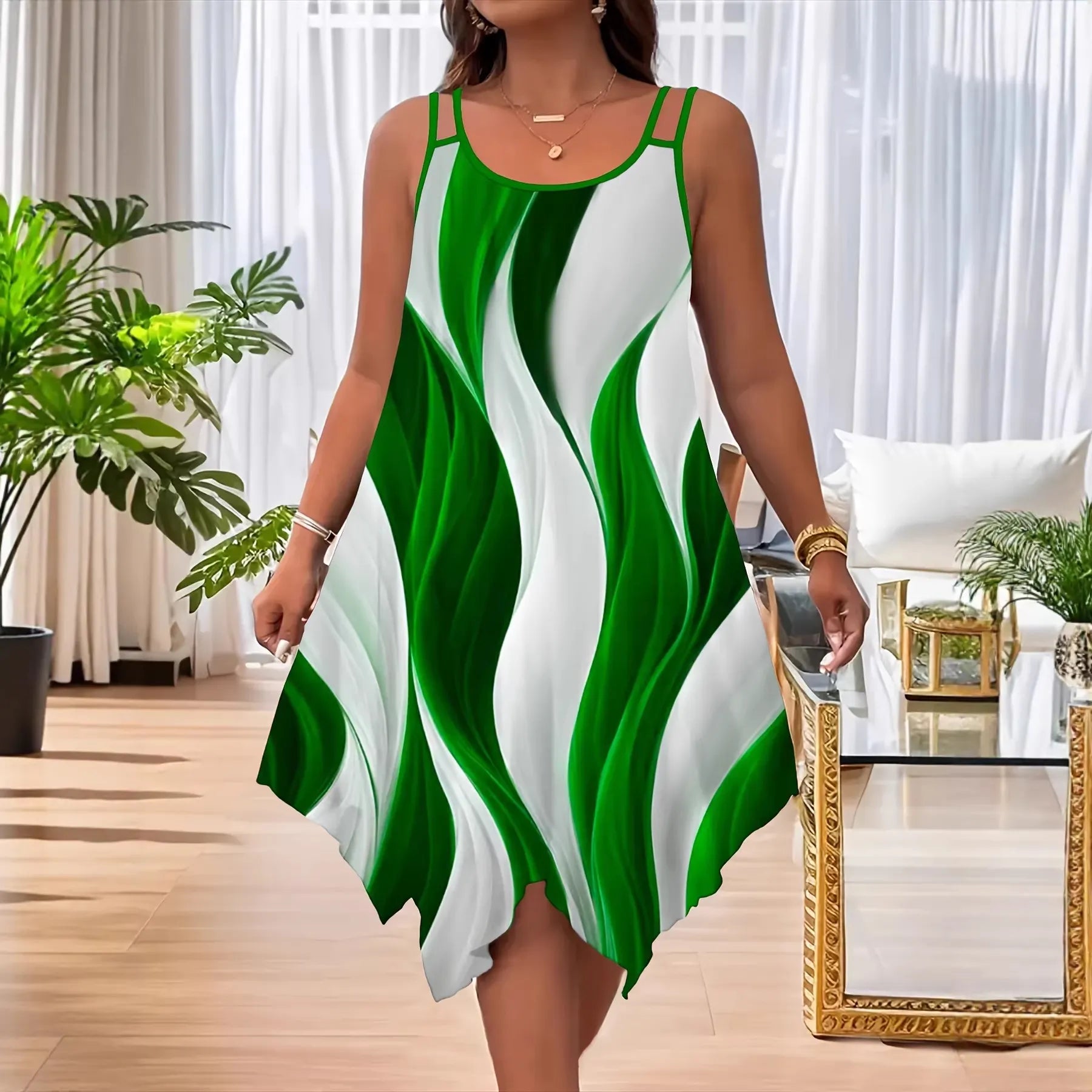 Wave Print Round Neck Double Spaghetti Strap Loose Irregular Hem Midi Dress