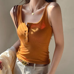 Square Neck Half Button Front Ribbed Fitted Tank Top