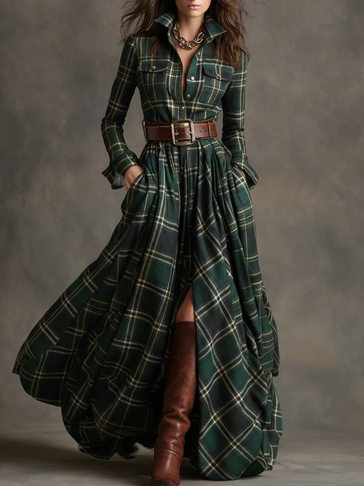 Vintage Western Tartan Plaid Maxi Dress for Collared Long Sleeve Flowy A Line Shirt Dress