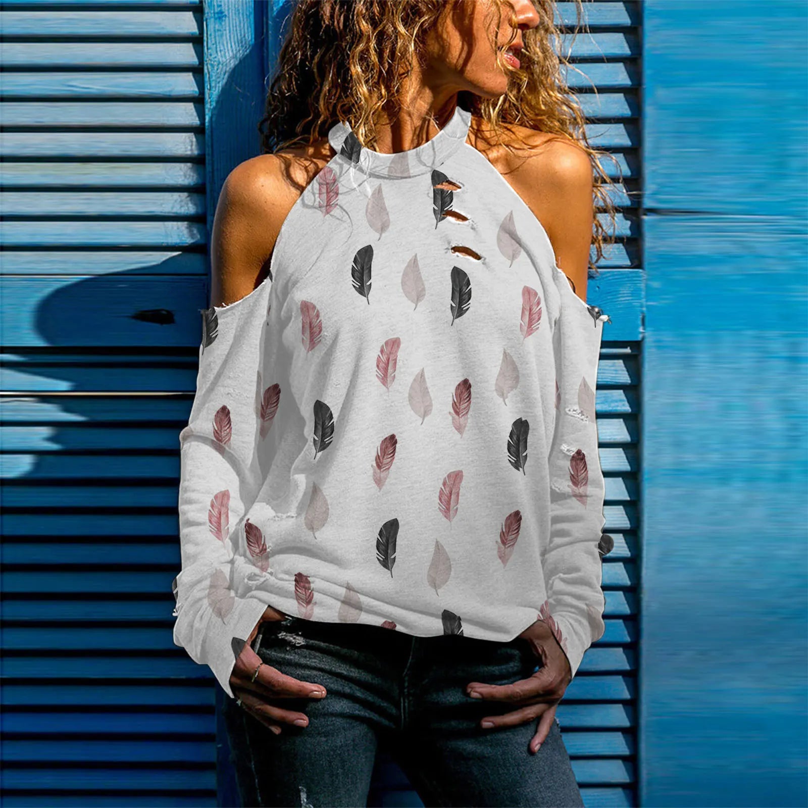 Halloween Skull Print Cold Shoulder Distressed Sweatshirt