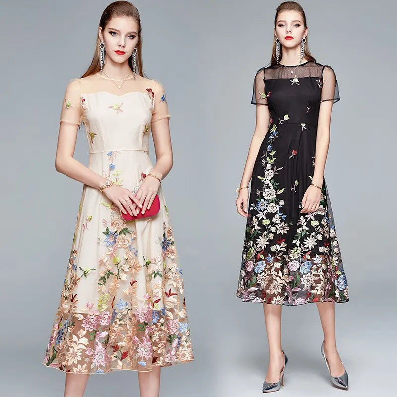 Beige Floral Embroidered Midi Dress, Sheer Short Sleeve A-Line Formal Evening Dress