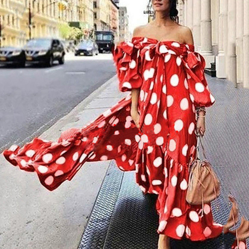 Off Shoulder Puff Long Sleeve Polka Dot Loose Swing Maxi Dress