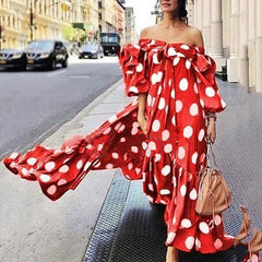Off Shoulder Puff Long Sleeve Polka Dot Loose Swing Maxi Dress