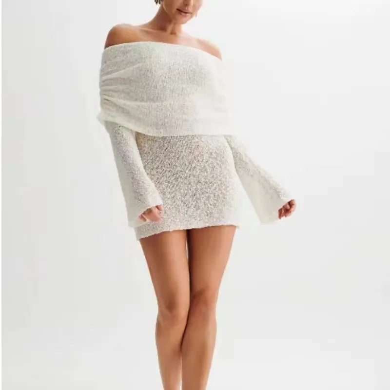 Blue Off-Shoulder Foldover Neck Mini Dress - Bell Sleeve Knit Bodycon Dress