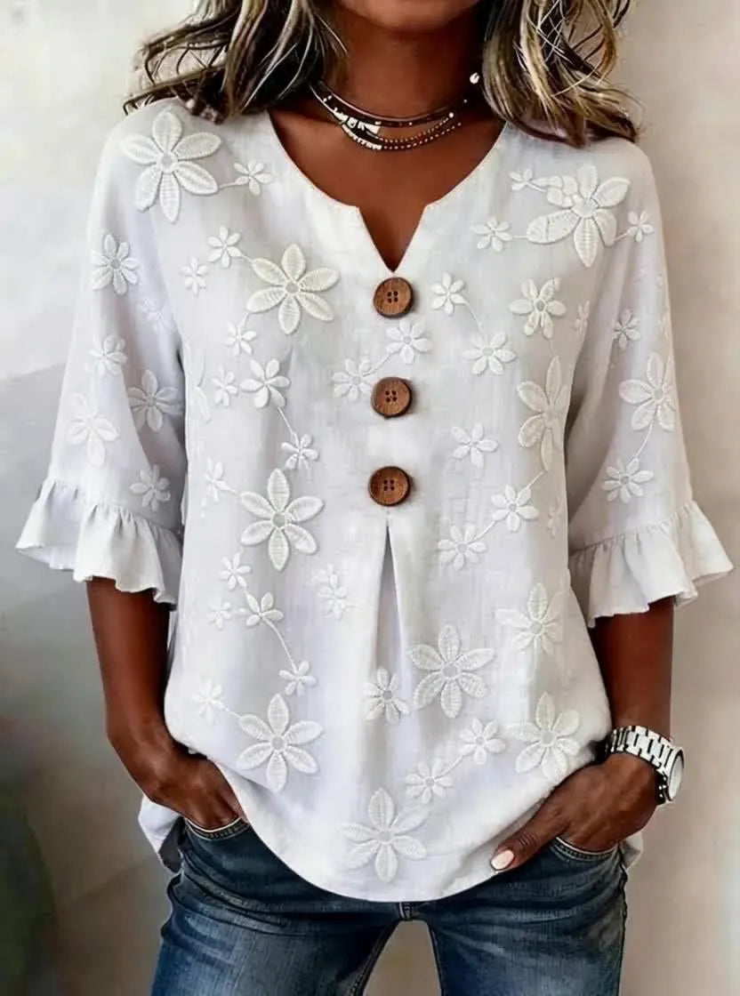 Round Neck Floral Printed Single Breasted 3/4 Ruffle Sleeve Loose Blouse