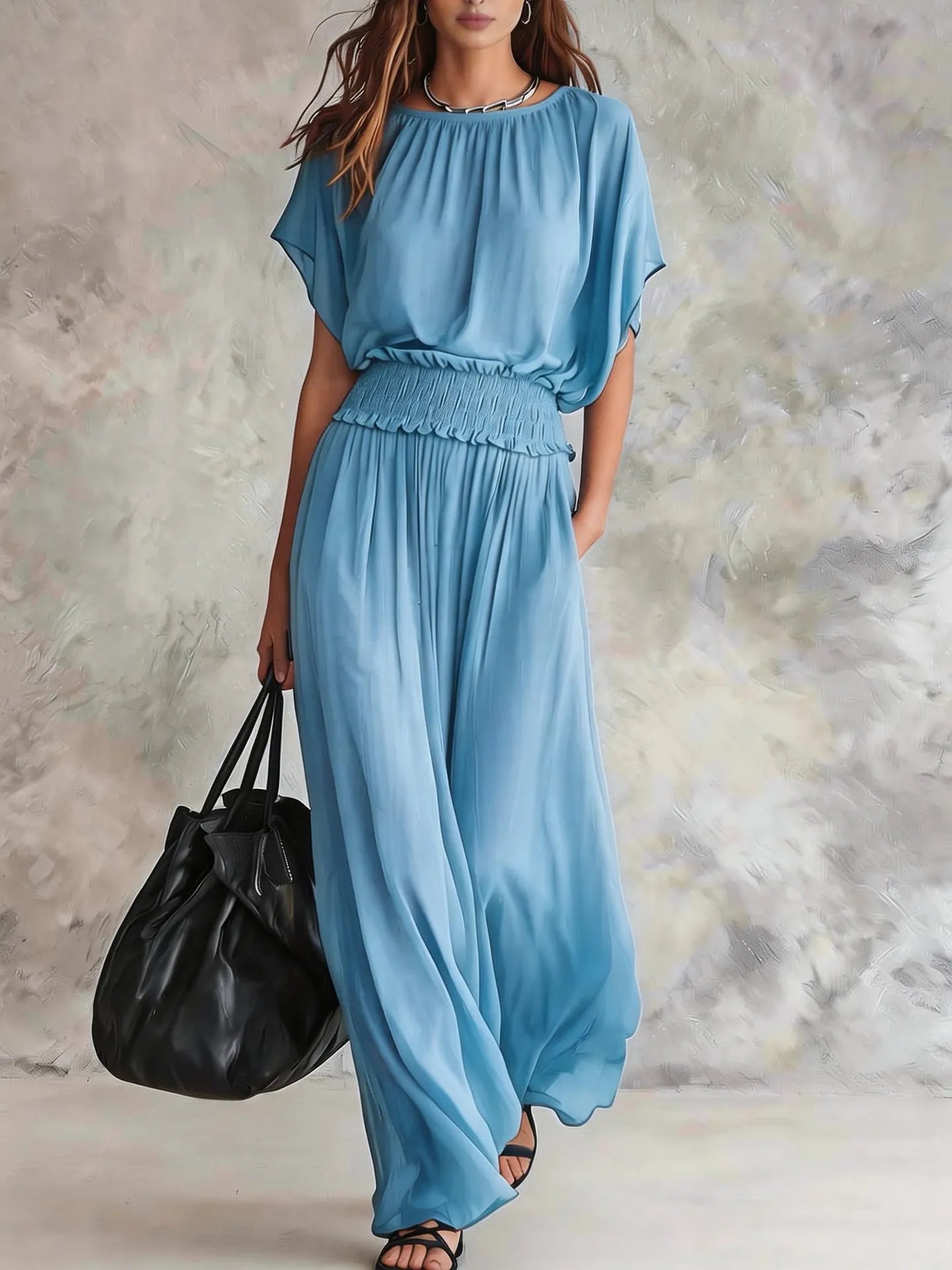 Army Green Batwing-Sleeve Smocked Waist Maxi Dress