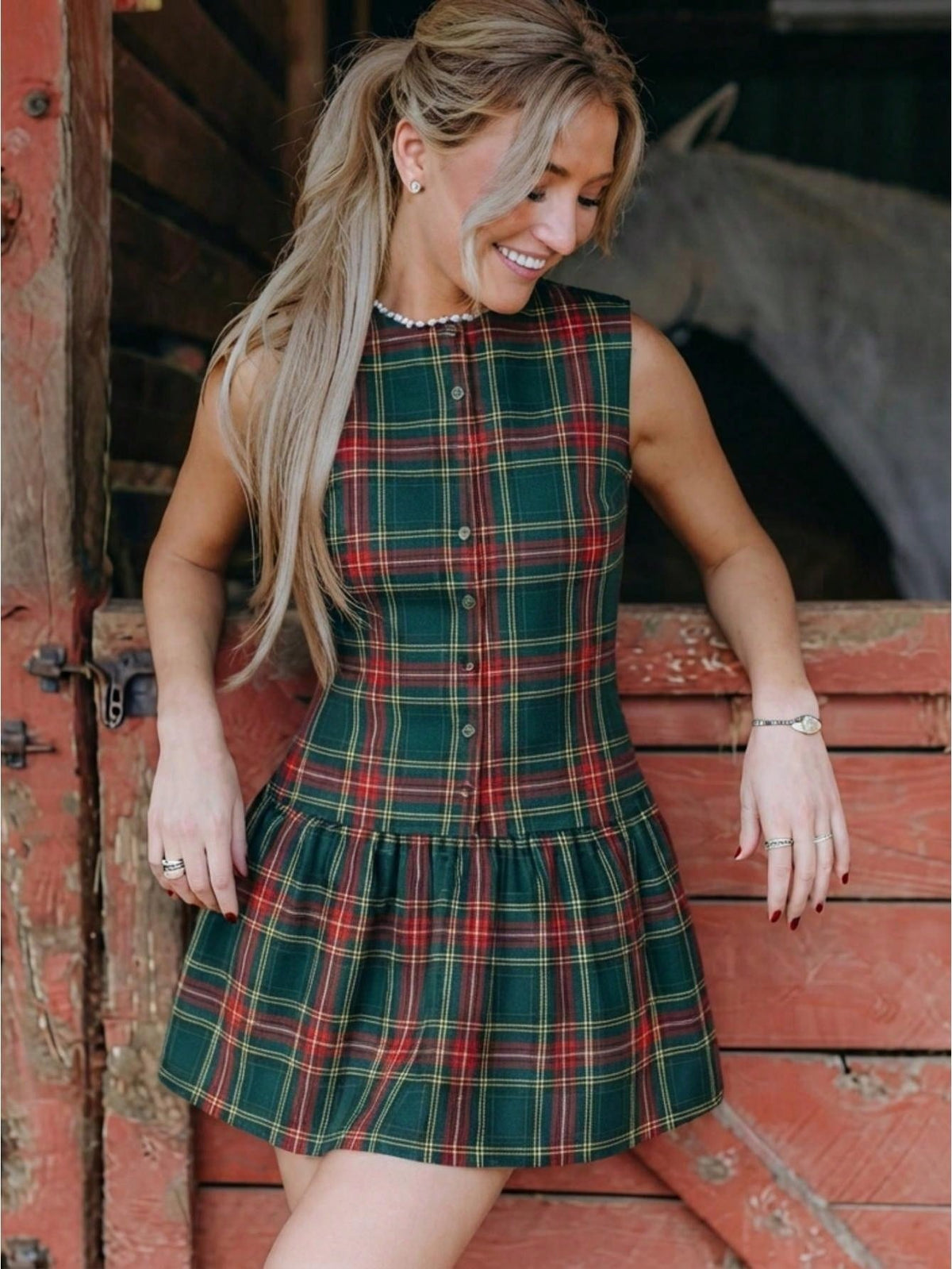 Sleeveless Green Plaid Vintage Mini A Line Dress